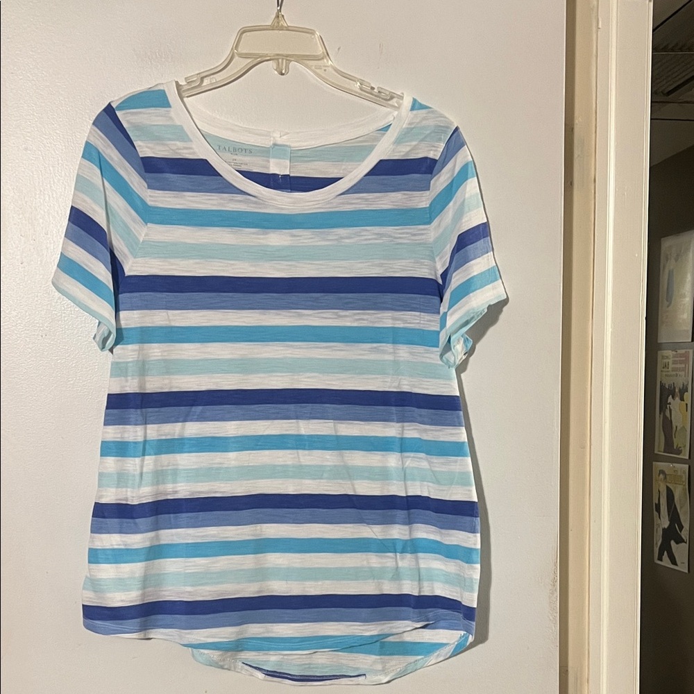 Talbot plus white/blues stripe short sleeve tee with button back detail